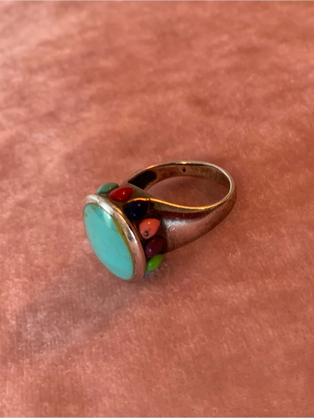 Sidney Evan 925 vintage Turquoise Cabochon Multicolor Inlay Sterling Ring size 5